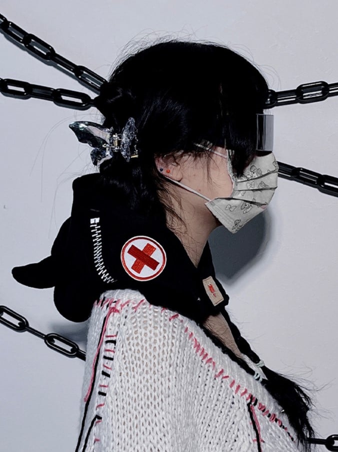 Horn with Demon Hat Embroidery Y2K Black Zipper Edgy Earflap
