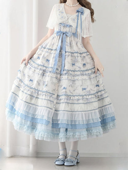 Floral Layered Ruffles Long Elegant Lolita White Version Print Dress Blue Classic