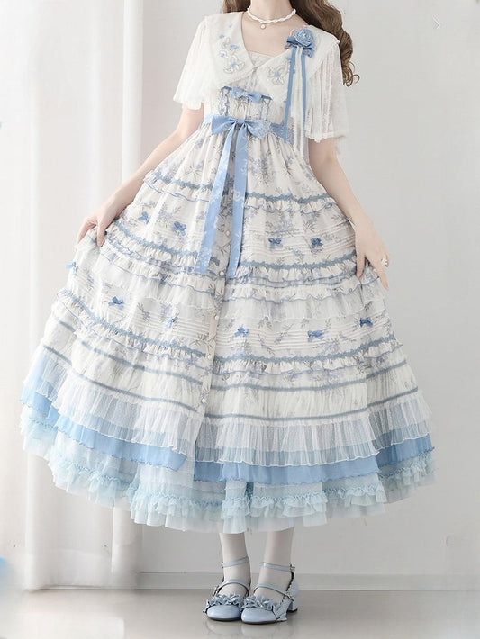 Floral Layered Ruffles Long Elegant Lolita White Version Print Dress Blue Classic
