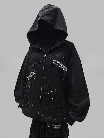 Applikation Wasteland Hoodie Punk Ink Jacke mit Print Letters Schwarz