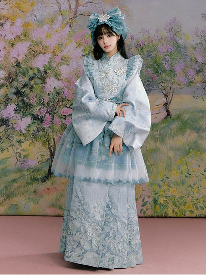Mint Green Long Mamian Skirt with Floral Pattern Details - Yimu Walnut
