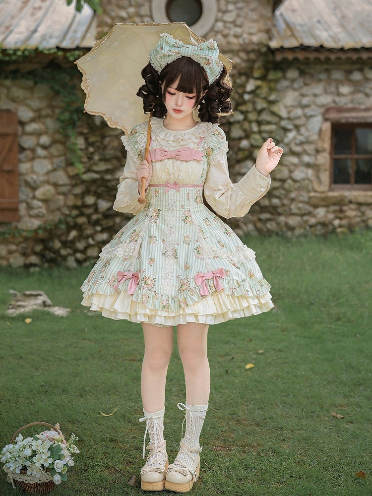 Floral Striped Dress Set with Hair Clip and Choker - With PUJI