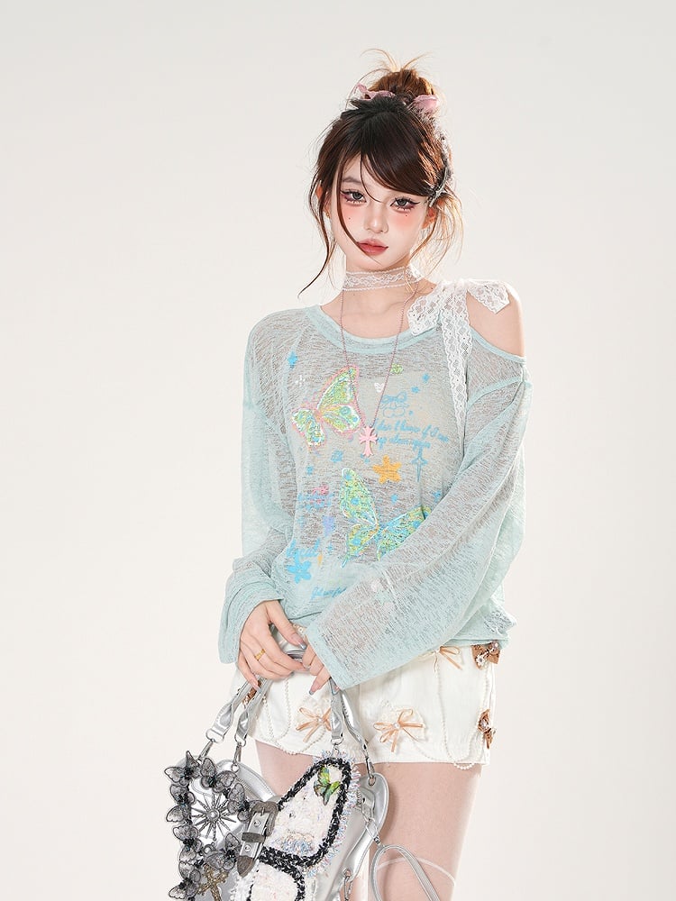 Asymmetrical Neckline Butterfly Print Apricot/Green