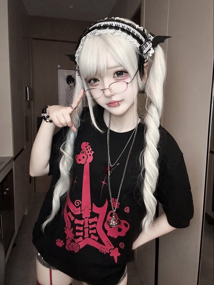 Red Guitar Print Rock Punk Black and Jirai Kei T-Shirt with Guitar Pick Necklace