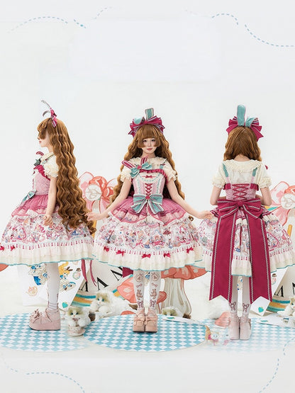 Pink & Green Alice Cat Vibes Sweet Lolita Jumper Skirt with Polka-dot Apron - Mewroco