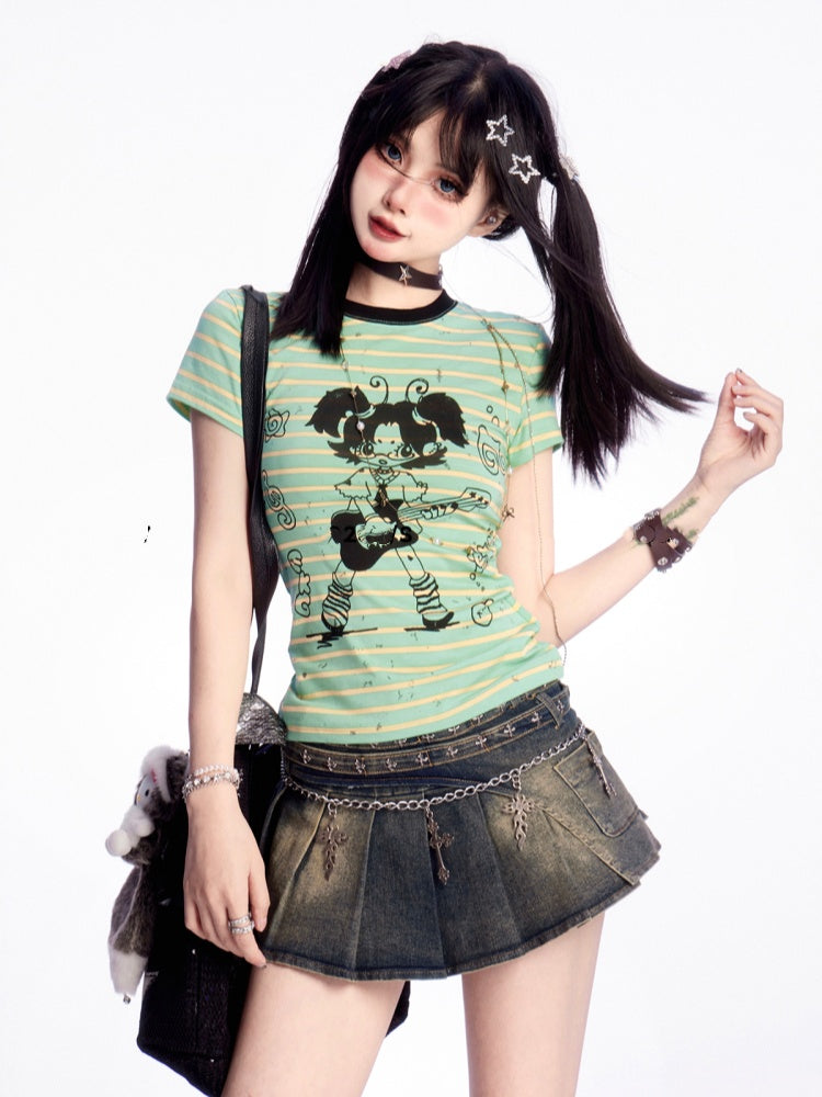 Mädchen Print Rundhals Grün Gestreiftes T-shirt Rock