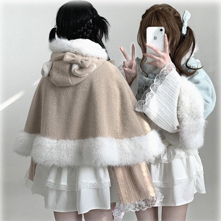 Hooded Colors Faux Jirai Fur with Bow Kitty Decor Detachable Kei Trim 3 Ear Cape