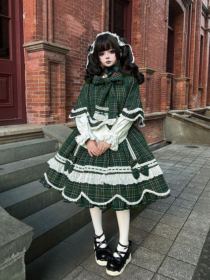 Green Plaid Bunny Ears and Cape Petal-like Trim Hooded with