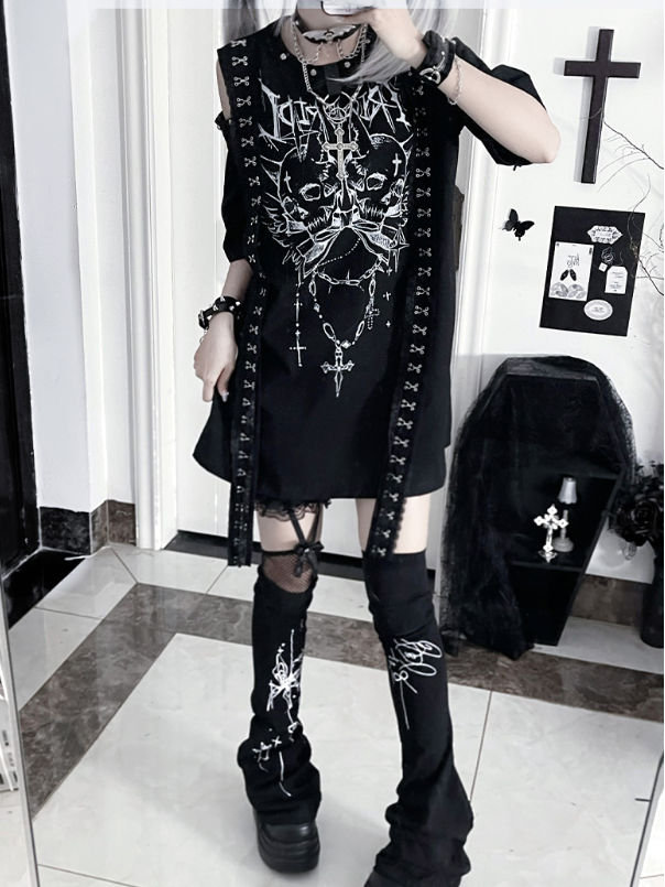 PrintCutout Punk T-shirtwith Emo Cross Black White Design Gothic Shoulder