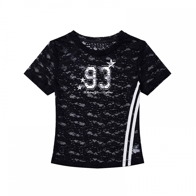 レースTシャツ ラウンドネック ナンバープリント セミシアー ブラック/ホワイト