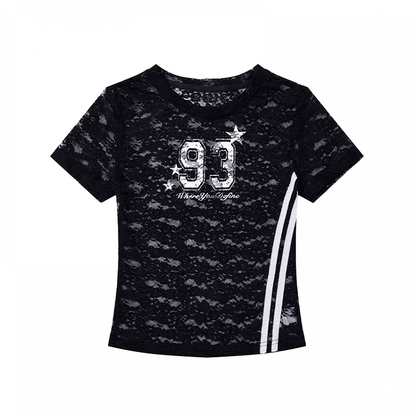 レースTシャツ ラウンドネック ナンバープリント セミシアー ブラック/ホワイト