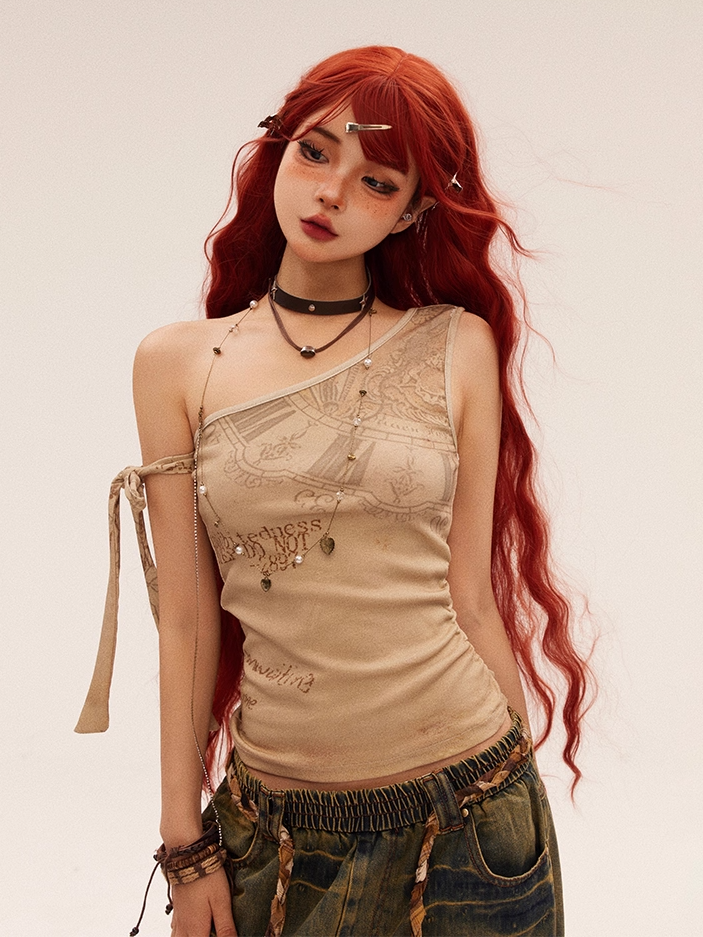 アプリコットグラフィティプリントヴィンテージウェイストランドパンクアシンメトリーネックライントップ