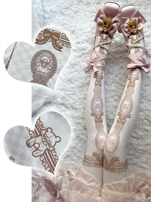 Weiße Strumpfhose mit Bären- und Schleifenmuster