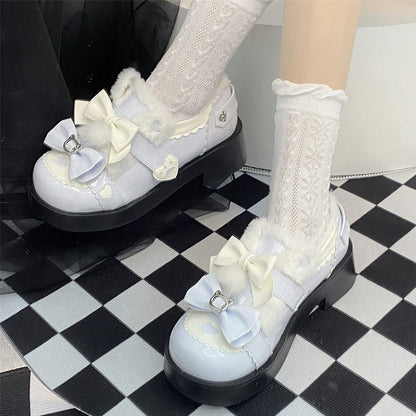 Bow Heart Sweet and Details Accents PU Heels Platform Blue White with Mid Lolita