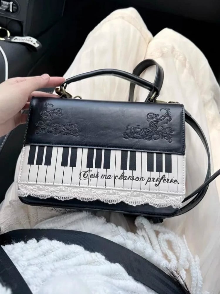 Backpack Crossbody Accents With Small-Sized Chic Piano-Themed Briefcase Embroidered Black Floral