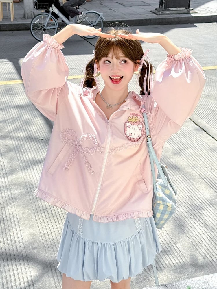 レース ゆめかわいい ピンク ストロベリーアップリケ ジャケット 蝶結び 日焼け防止 フード付き