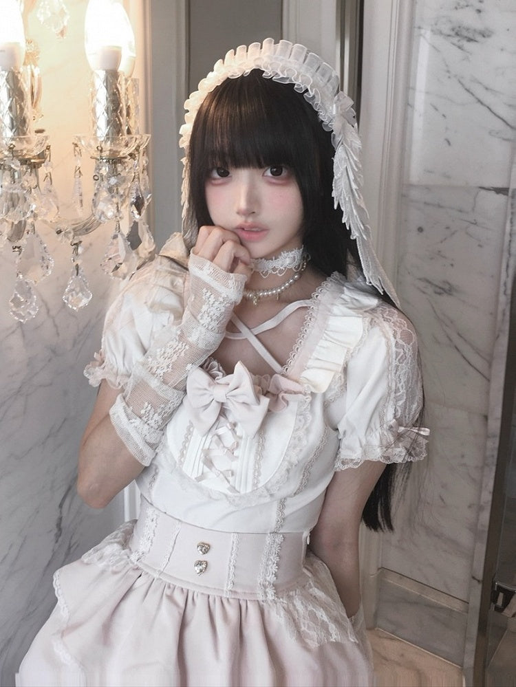 Ryousangata White & Pink Lace Bow Blouse - Jiuniang Cherry