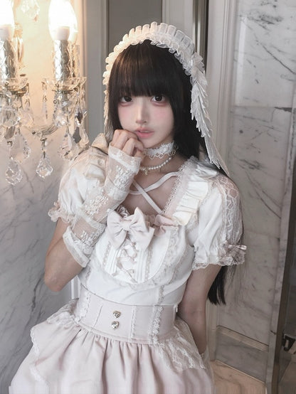 Ryousangata White & Pink Lace Bow Blouse - Jiuniang Cherry