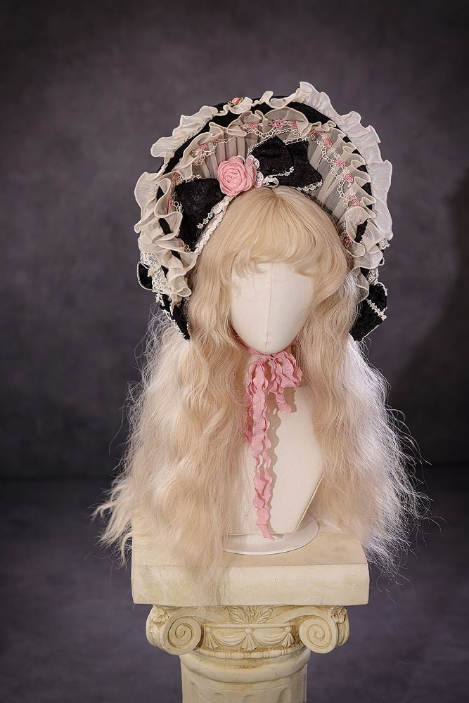 Schwarzes Hanayome-Rosetten-Stickerei-Blumen- und Perlenketten-Lolita-OP-Komplettset