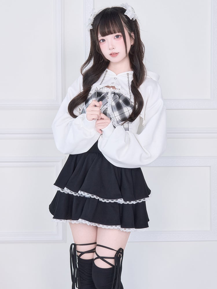 Bow White Tank Cropped Hoodie with Kei Open-Bust Two-Piece Set: Oversized Jirai Plaid