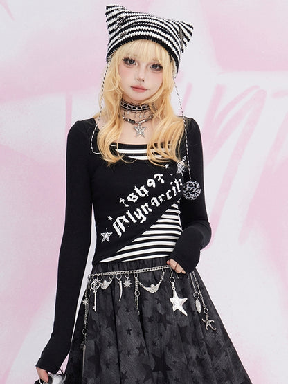 Zweiteiliges, gestreiftes Oberteil mit langen Ärmeln und schwarzem Buchstabendruck