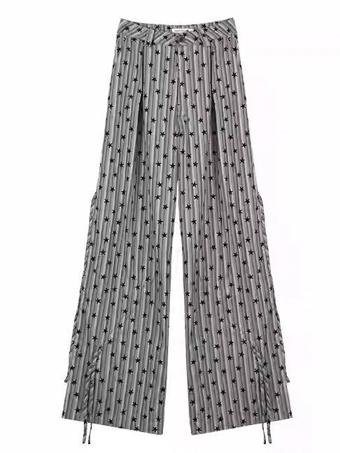 Gray Star-Striped Wide-Leg Pants with Ruched Cuffs