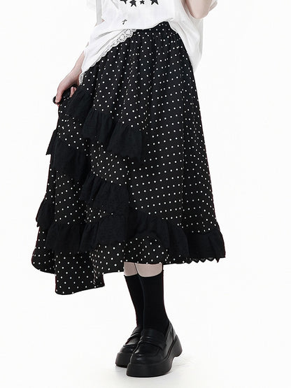 ブラックの伸縮性ウエスト、アシンメトリーレース、水玉模様のスカートトリム