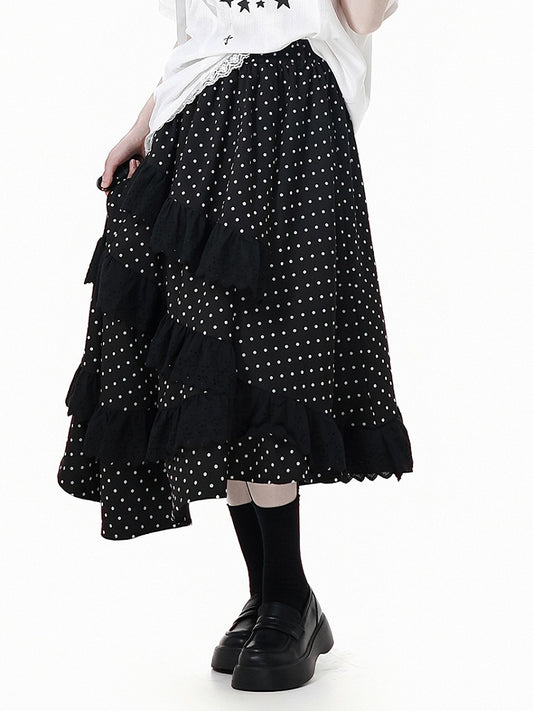 ブラックの伸縮性ウエスト、アシンメトリーレース、水玉模様のスカートトリム