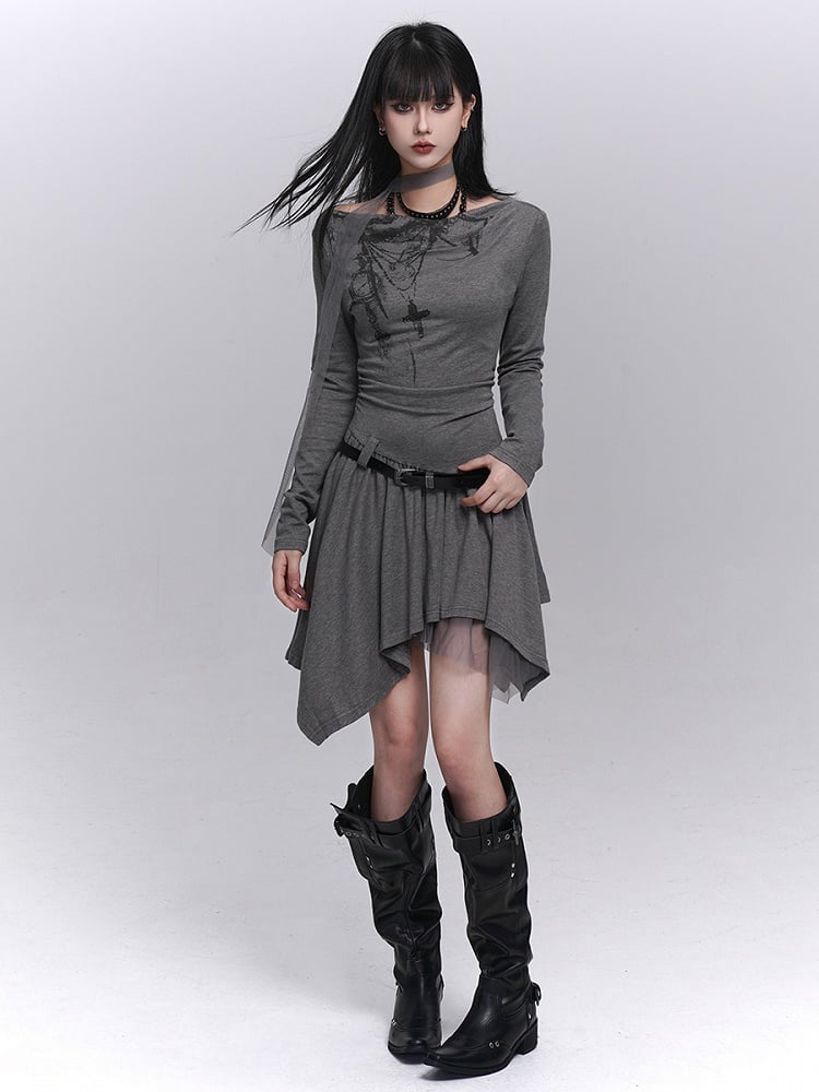 with Gothic Hem Dress Graffiti Handkerchief Light Neck Off-Shoulder Strap Gray