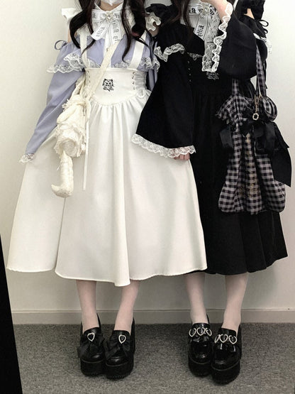 Schwarz-weißes Kitty Jirai Kei Overallkleid mit Schnürdetail