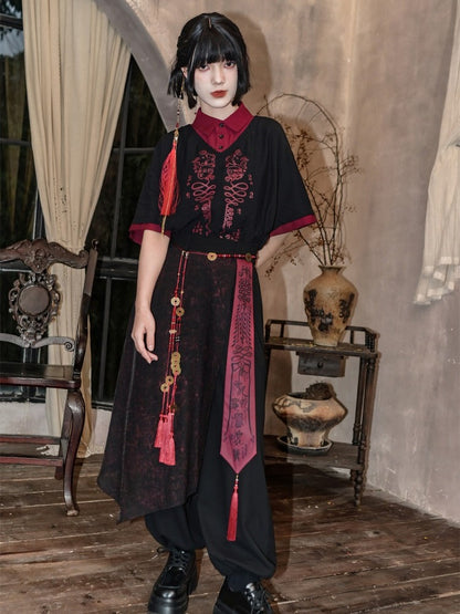 With Talisman Short-sleeve Gothic Fake Blouse Black Two-piece Chinese Print Red