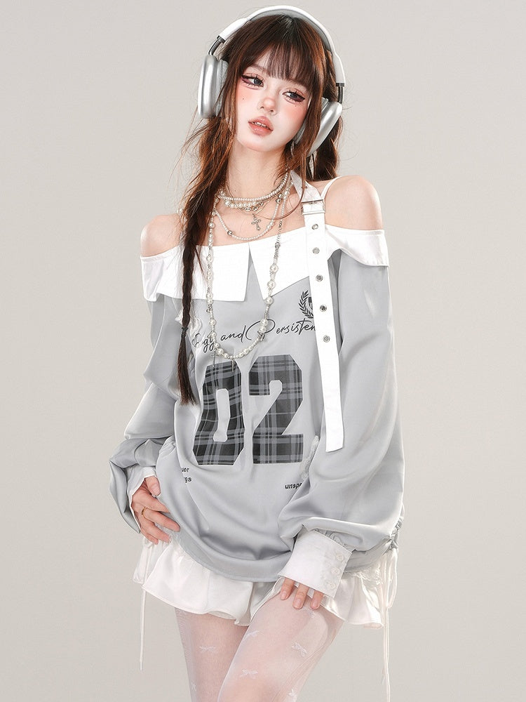 Grey Numbers Print Buckle Strap Halter Sporty Top Drawstring Waist