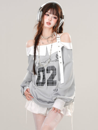 Grey Numbers Print Buckle Strap Halter Sporty Top Drawstring Waist