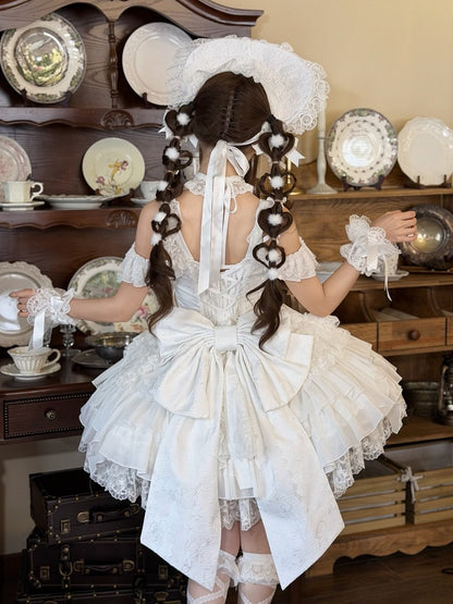 White Ballet Style Lace Ruffle Lolita JSK Dress with Bead Chain Bow Details - White Sugar Girl