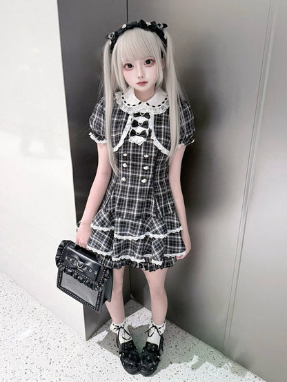 Black White Jirai Kei Plaid Fake Two-Piece Dress with Shorts Set - Puppet Bombs