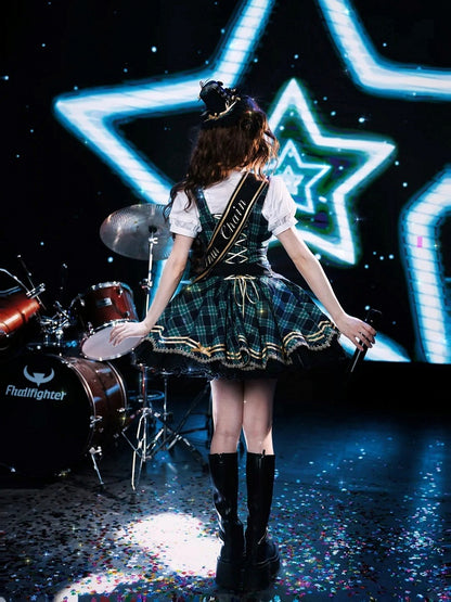 Green Idol Lolita Plaid JSK Dress with Golden Bear Embroidery and Black Scalloped Hem - LiLi Chain