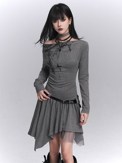 with Gothic Hem Dress Graffiti Handkerchief Light Neck Off-Shoulder Strap Gray