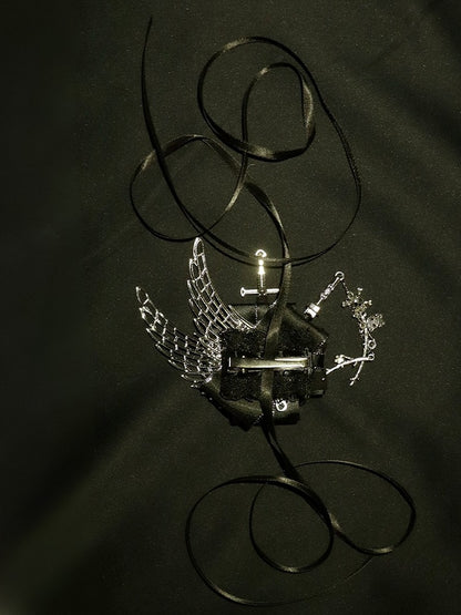 And BlackSilver Hairclip Wing Sword Skeleton Decorated Floral Charm