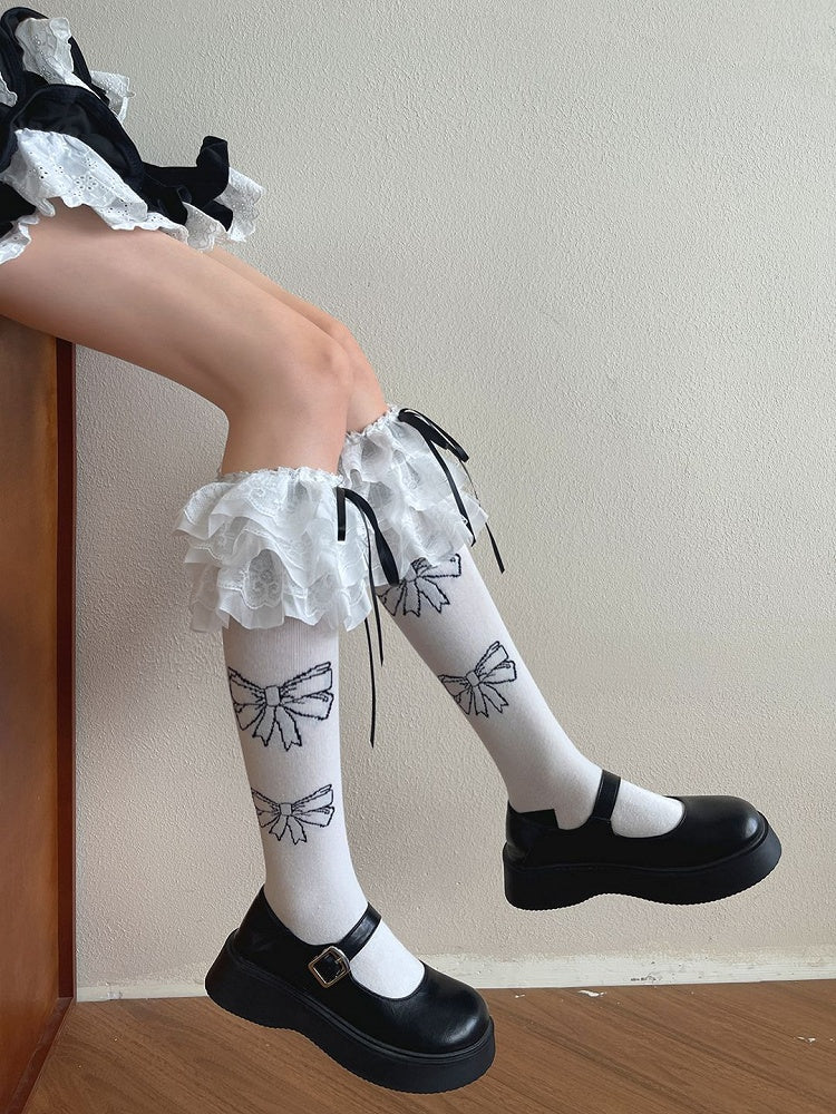 White/Black Stockings Bowknot Decorated Lace Trim Lolita Underknee