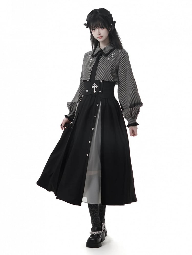 Gray Gothic Cross Black Oversized Shirt Collar Two-Piece Faux Dark Details Stripe Lace and Cuffs with |