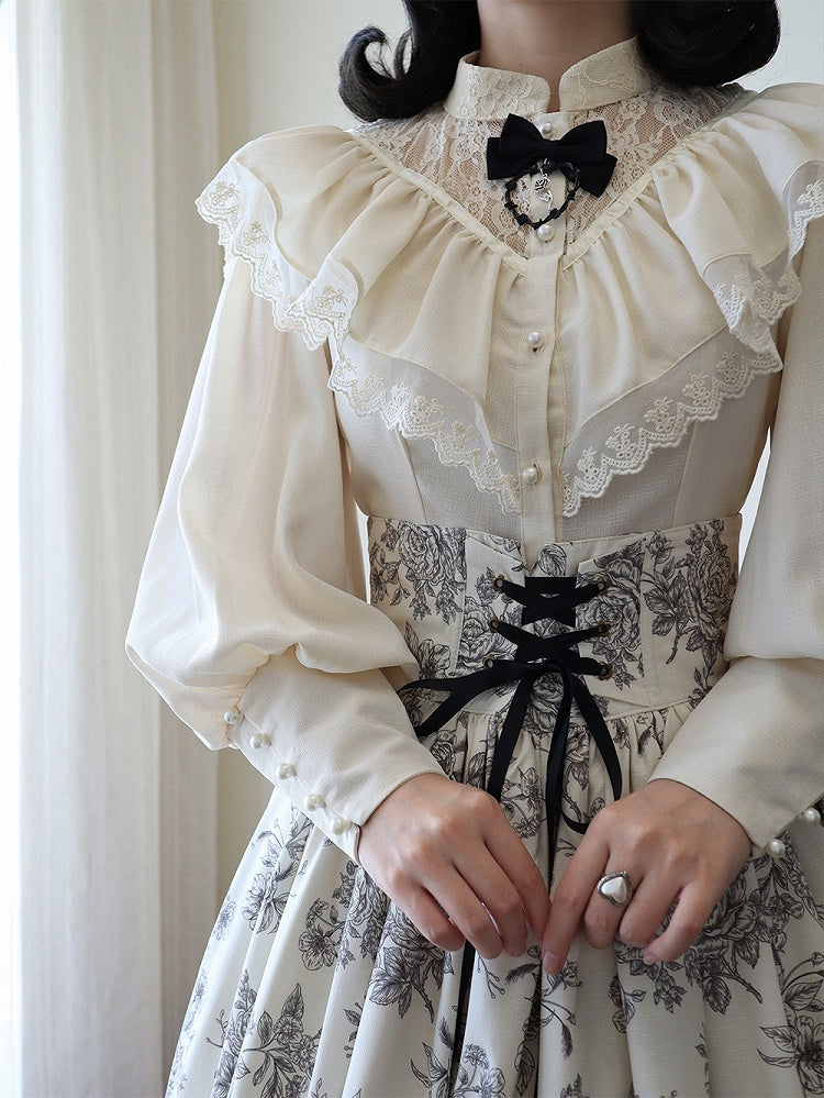 Beige Edward Neck Lolita Blouse with Bead-Accented Cuffs