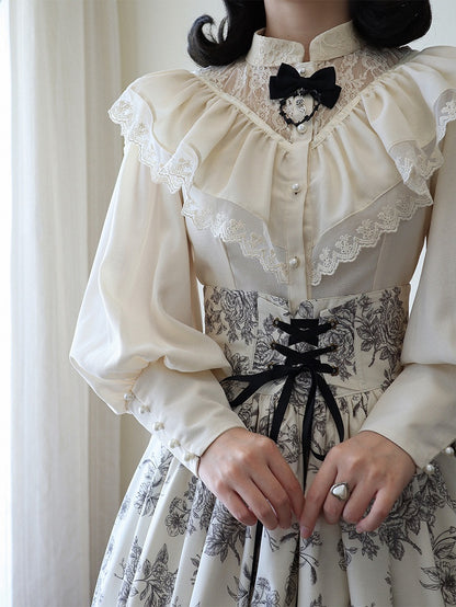 Beige Edward Neck Lolita Blouse with Bead-Accented Cuffs