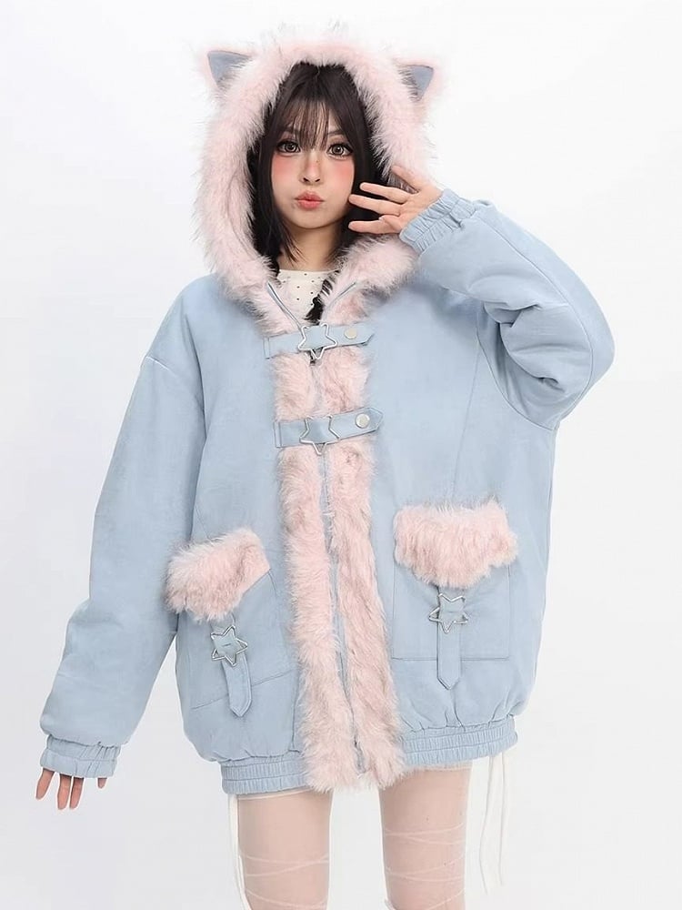 Women's Reversible Trim Fur Jacket Jirai Fashion Blue Cat Ears with Kei
