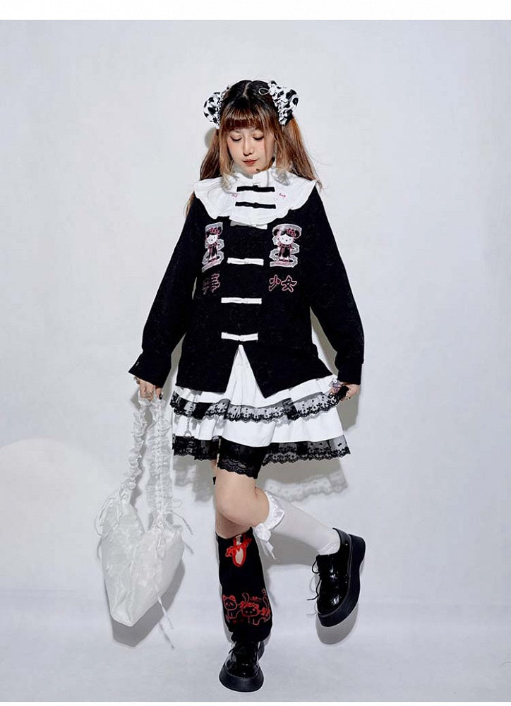 Schwarz/Blaues Jirai Kei-Oberteil mit langen Ärmeln und Kitty-Stehkragen