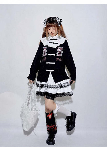 Schwarz/Blaues Jirai Kei-Oberteil mit langen Ärmeln und Kitty-Stehkragen