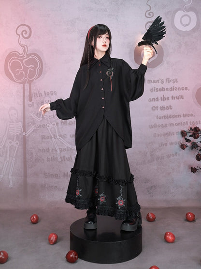 Asymmetrical Black Apple Hem Embroidery Sleeve Long With Shirt Curved Gothic