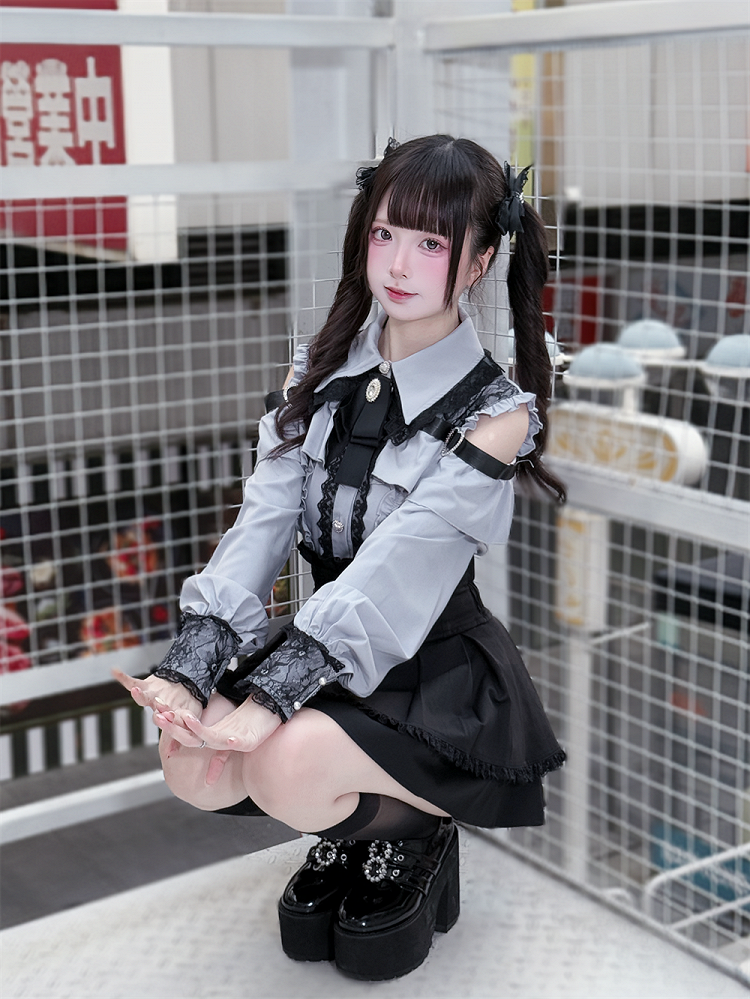 Long Blouse Sleeves Dusty Buttons Blue - Kei Sweetheart Jirai