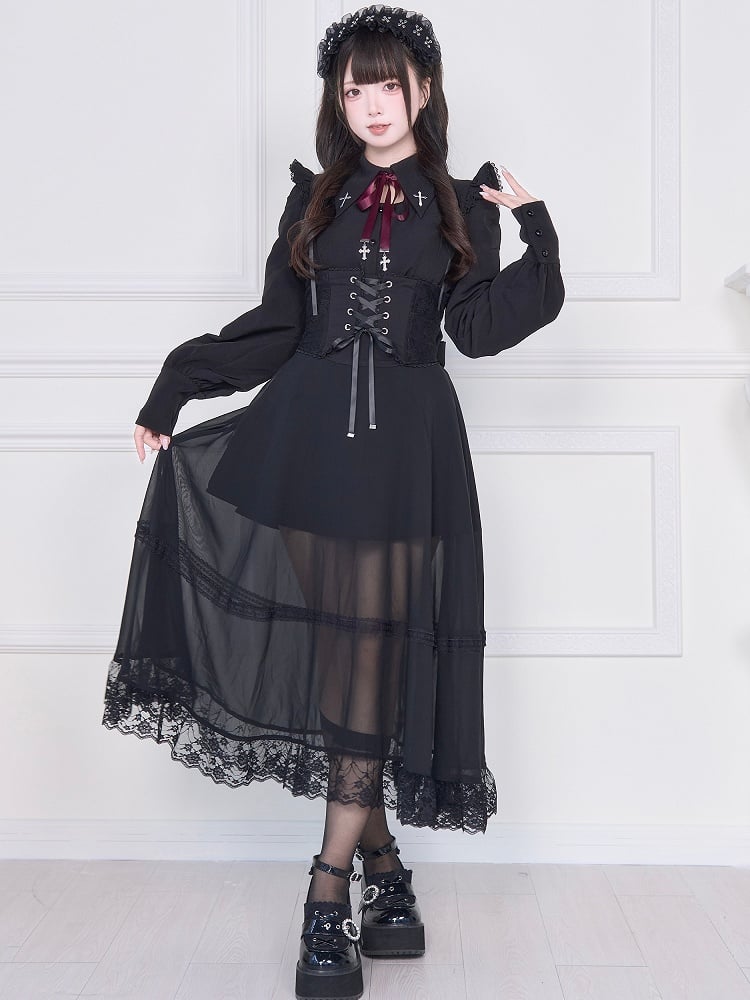 Kei Mesh Skirt with Black Overlay Corset Jirai Waist High Lacing Long