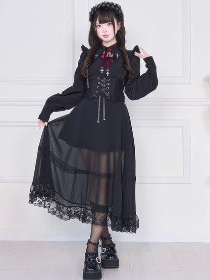 Kei Mesh Skirt with Black Overlay Corset Jirai Waist High Lacing Long