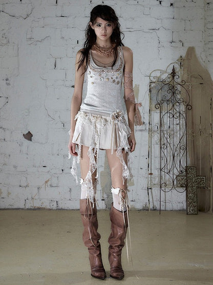 Off-White Fake Three-Piece Knit Cami Top with Shell Buttons - NO ROMANCE